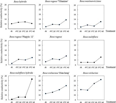 Cold tolerance identification of nine Rosa L. materials and expression patterns of genes related to cold tolerance in Rosa hybrida